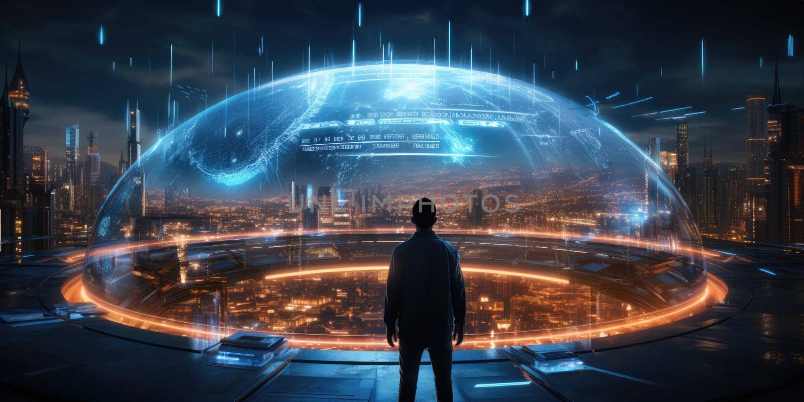 Futuristic technology background with a digital HUD interface, showcasing virtual computer screens and cyber communication holograms in a VR cyberspace by Generative AI.