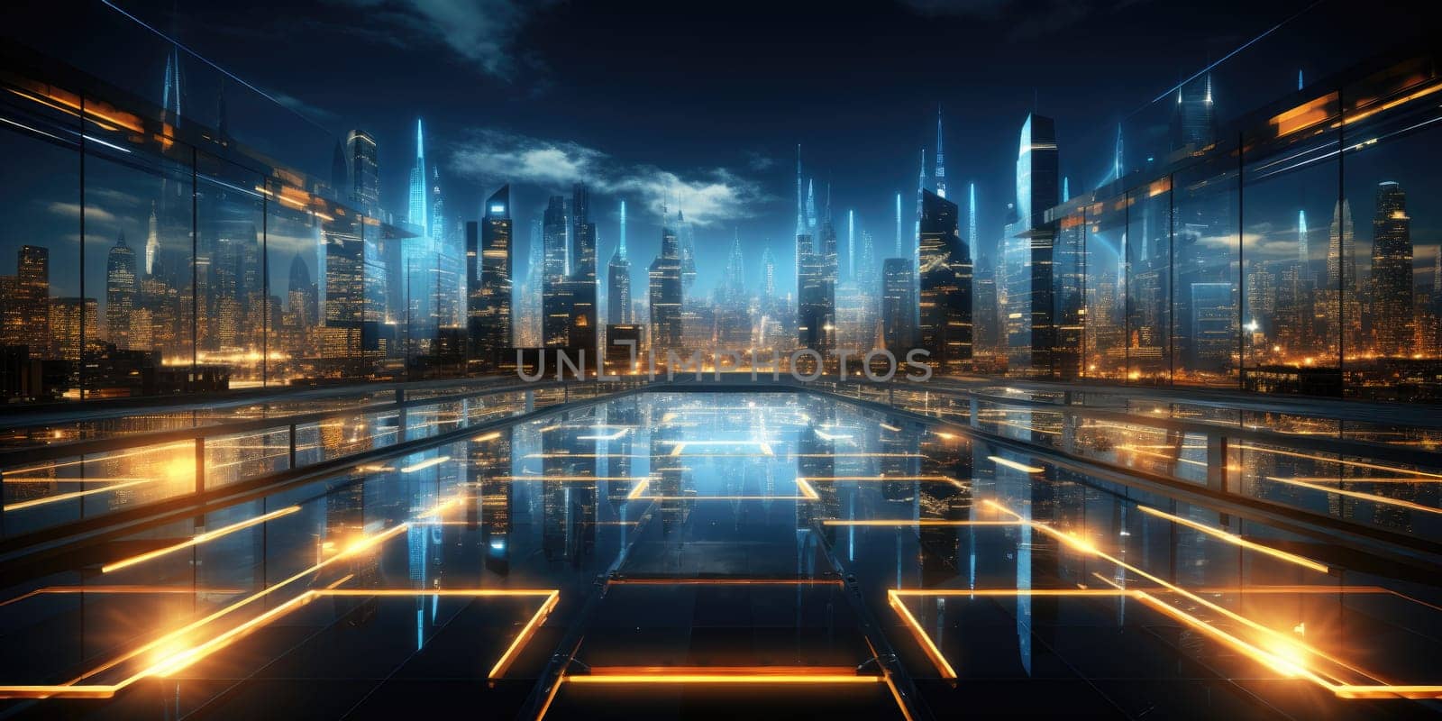 Futuristic technology background with a digital HUD interface, showcasing virtual computer screens and cyber communication holograms in a VR cyberspace by Generative AI.