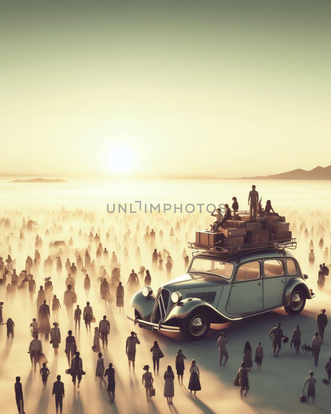 Huge Stack of luggage on crowded car roof , migration wave concept, steampunk retro illustration generated ai art