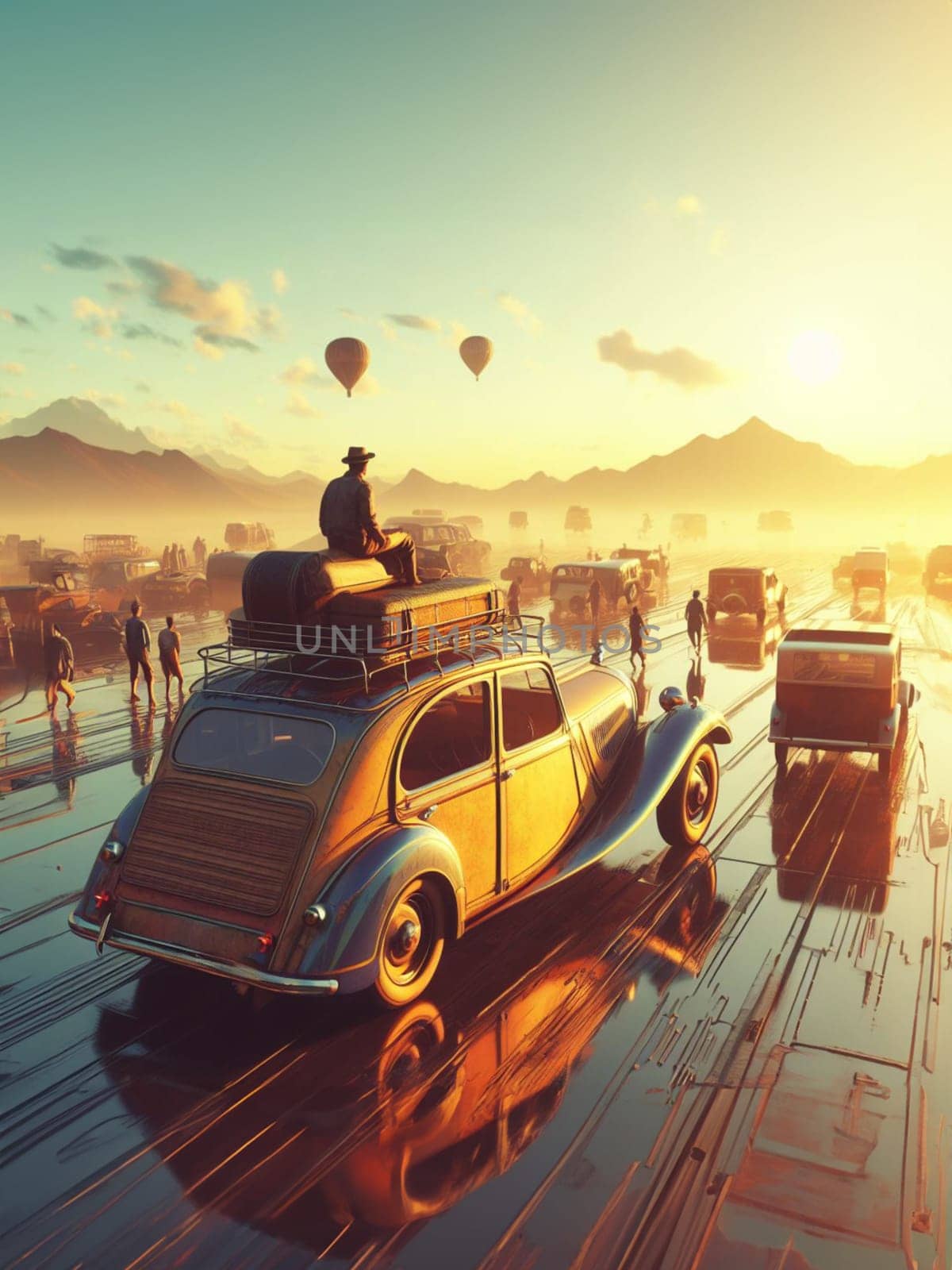 Huge Stack of luggage on crowded car roof , migration wave concept, steampunk retro illustration by verbano