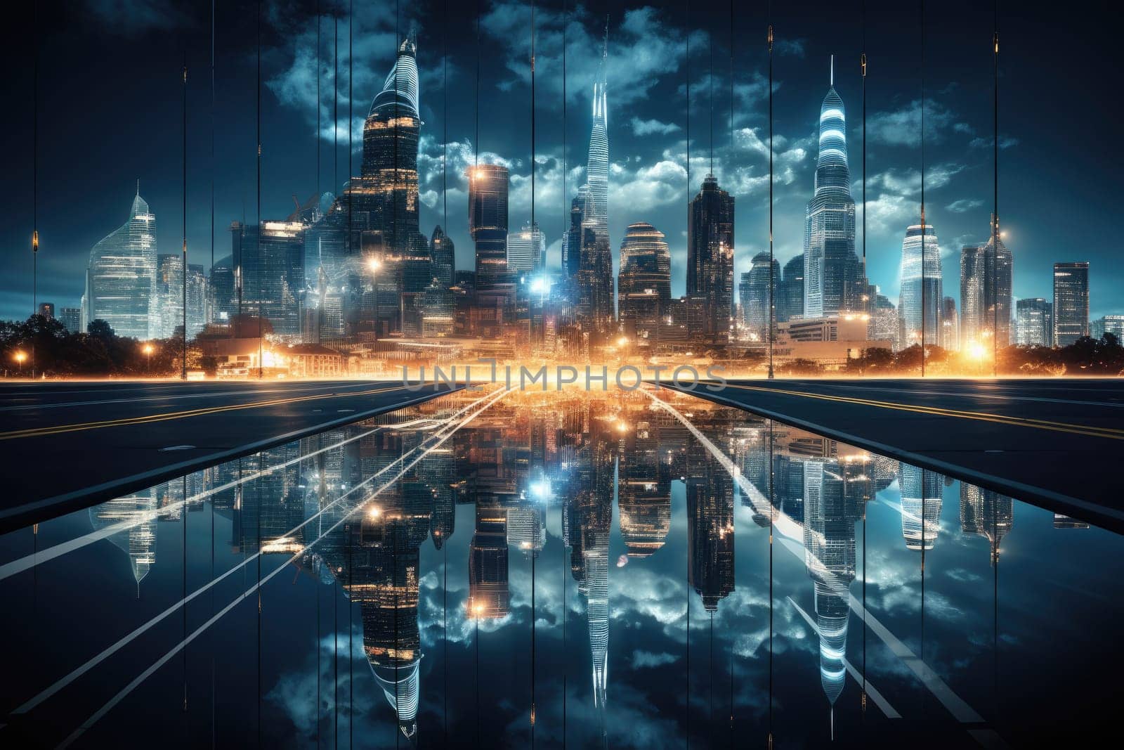 Abstract night city background Smart cities, AI and digital transformation concepts embrace the world of the future by Generative AI.