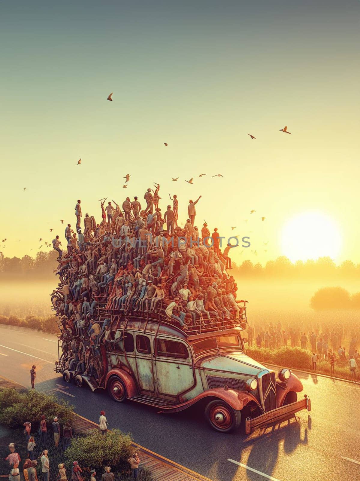 Huge Stack of luggage on crowded car roof , migration wave concept, steampunk retro illustration generated ai art