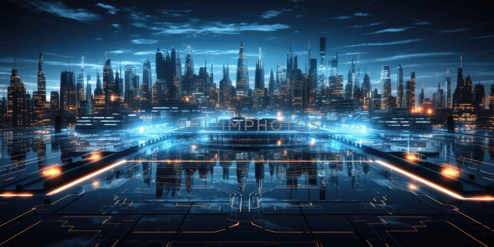 Futuristic technology background with a digital HUD interface, showcasing virtual computer screens and cyber communication holograms in a VR cyberspace by Generative AI.