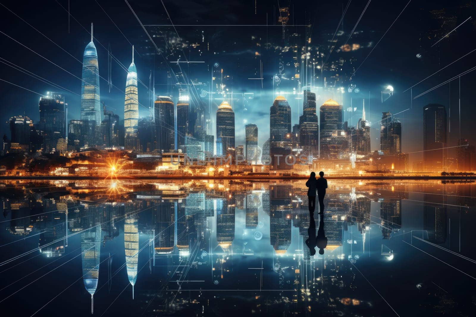 Abstract night city background Smart cities, AI and digital transformation concepts embrace the world of the future by Generative AI.