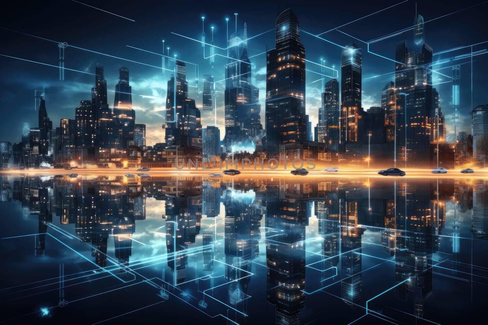 Abstract night city background Smart cities, AI and digital transformation concepts embrace the world of the future by Generative AI by wichayada