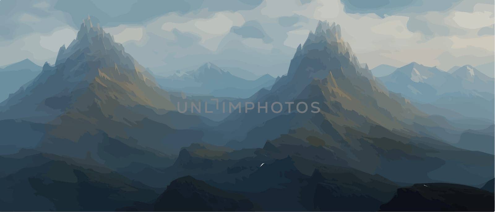 Fantasy epic magic mountain landscape. Mystical winter valley valley , Panoramic view of big mountains . Mountains by kasynets_olena