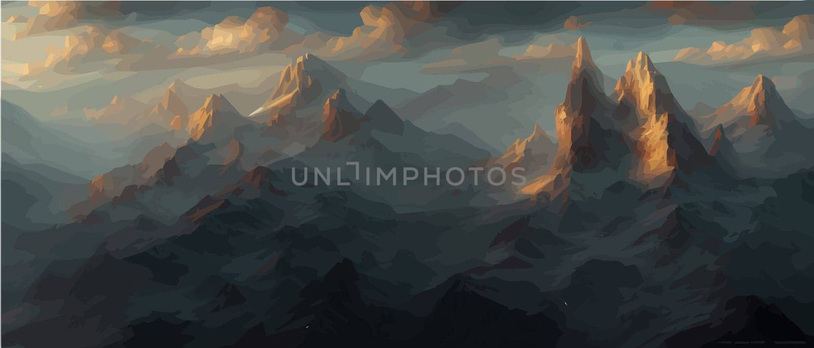 Fantasy epic magic mountain landscape. Mystical winter valley valley , Panoramic view of big mountains . Mountains landscape. Rural nature background. hills horizon