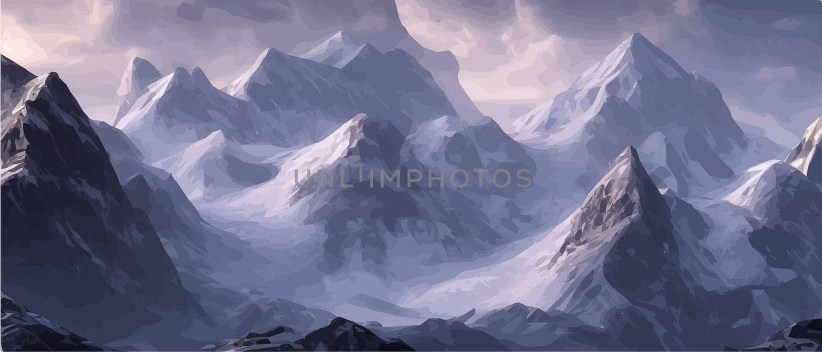 Fantasy epic magic mountain landscape. Mystical winter valley valley , Panoramic view of big mountains . Mountains landscape. Rural nature background. hills horizon