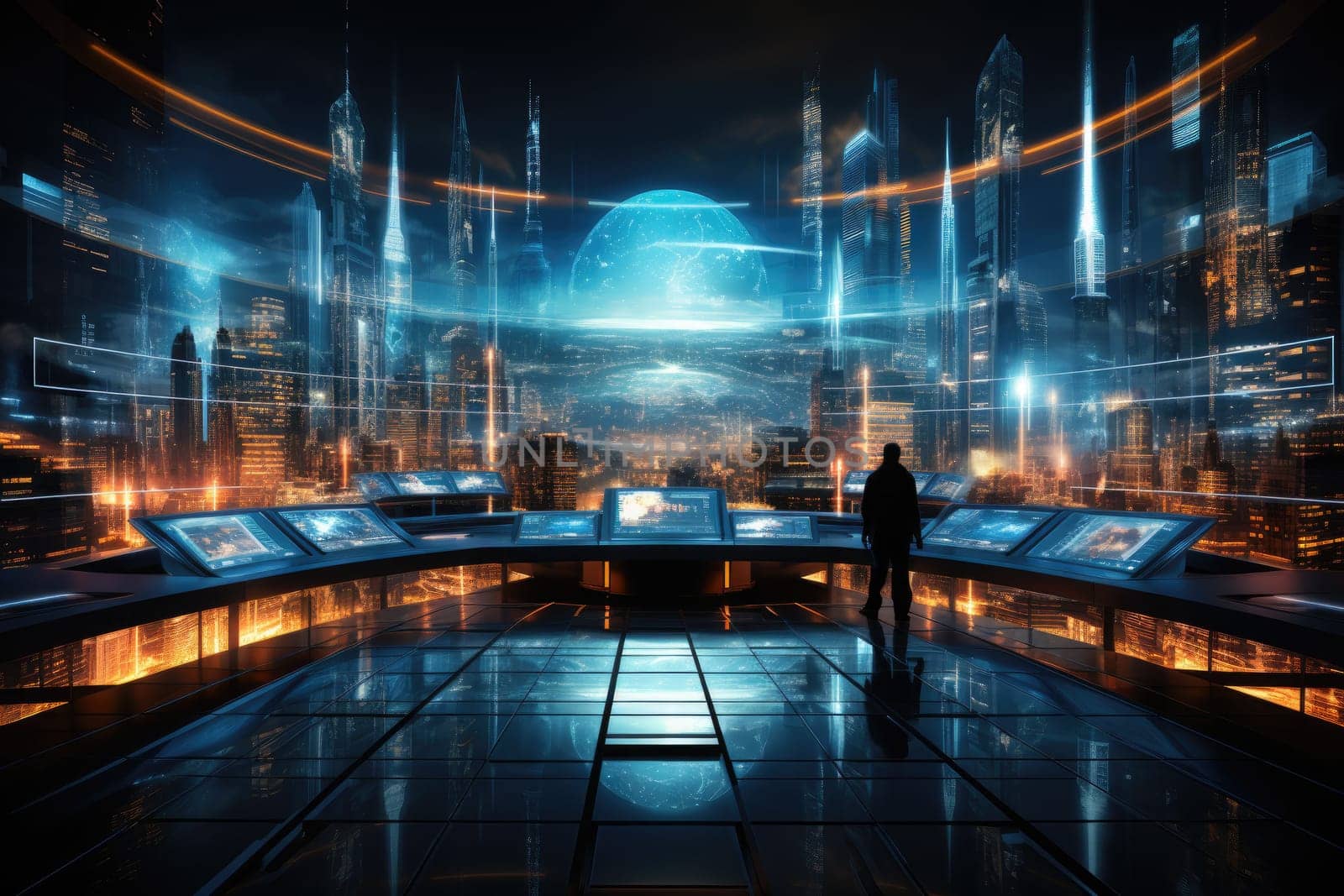 Futuristic technology background with a digital HUD interface, showcasing virtual computer screens and cyber communication holograms in a VR cyberspace by Generative AI.