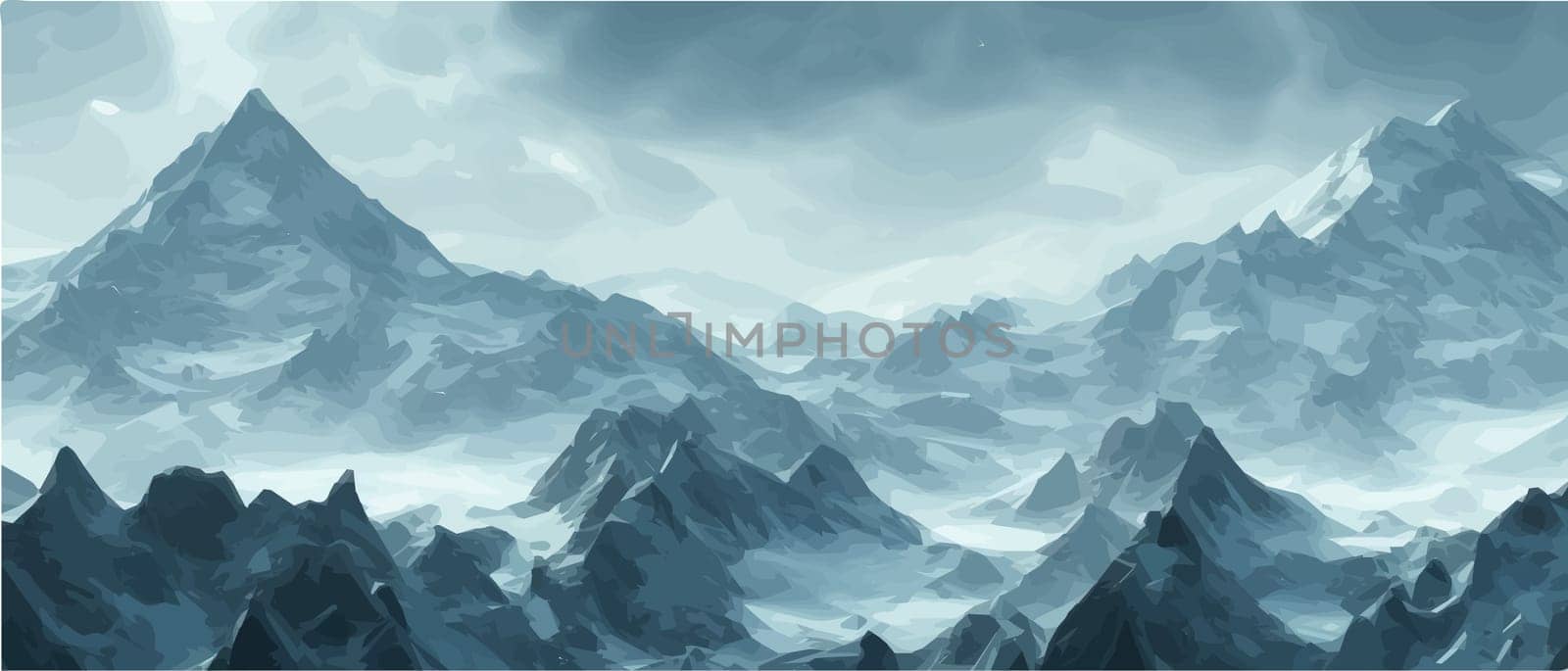 Fantasy epic magic mountain landscape. Mystical winter valley valley , Panoramic view of big mountains . Mountains by kasynets_olena