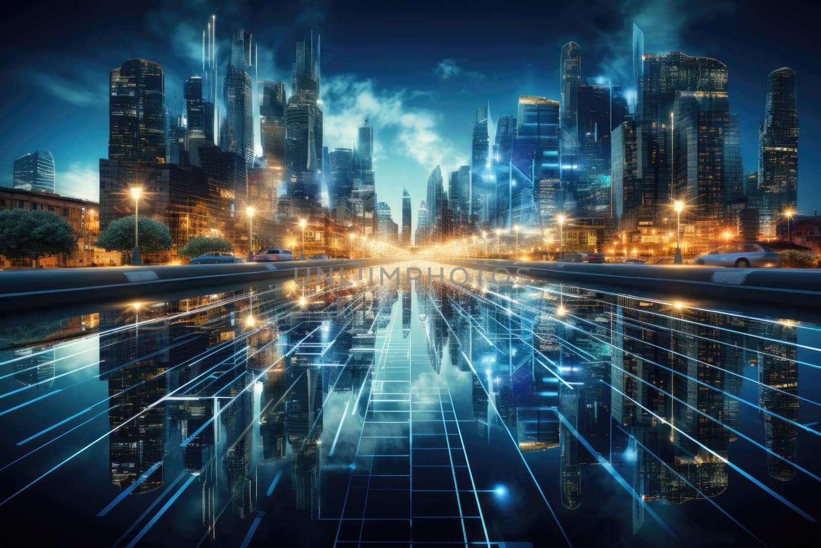 Abstract night city background Smart cities, AI and digital transformation concepts embrace the world of the future by Generative AI by wichayada