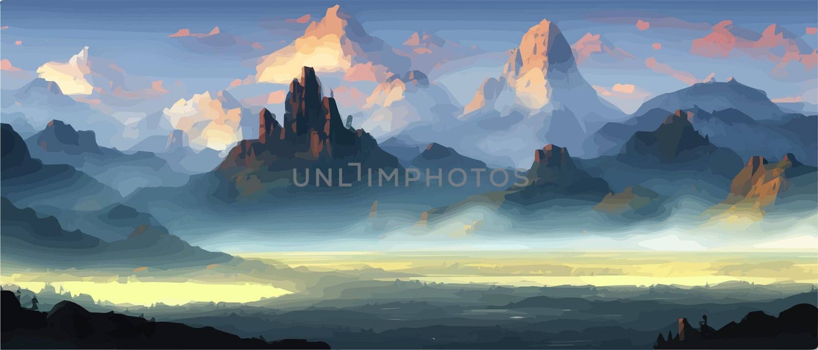 Fantasy epic magic mountain landscape. Mystical winter valley valley , Panoramic view of big mountains . Mountains landscape. Rural nature background. hills horizon