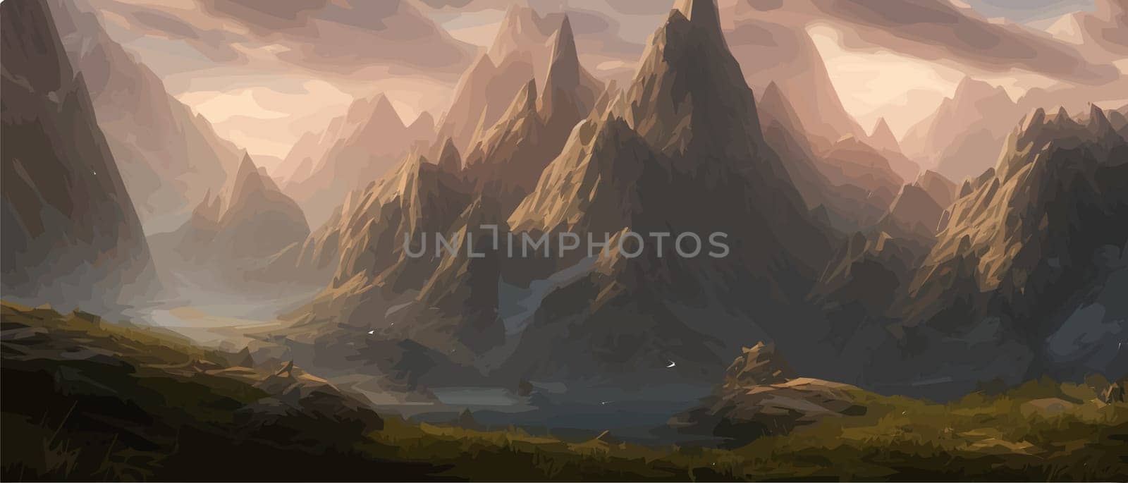 Fantasy epic magic mountain landscape. Mystical winter valley valley , Panoramic view of big mountains . Mountains by kasynets_olena