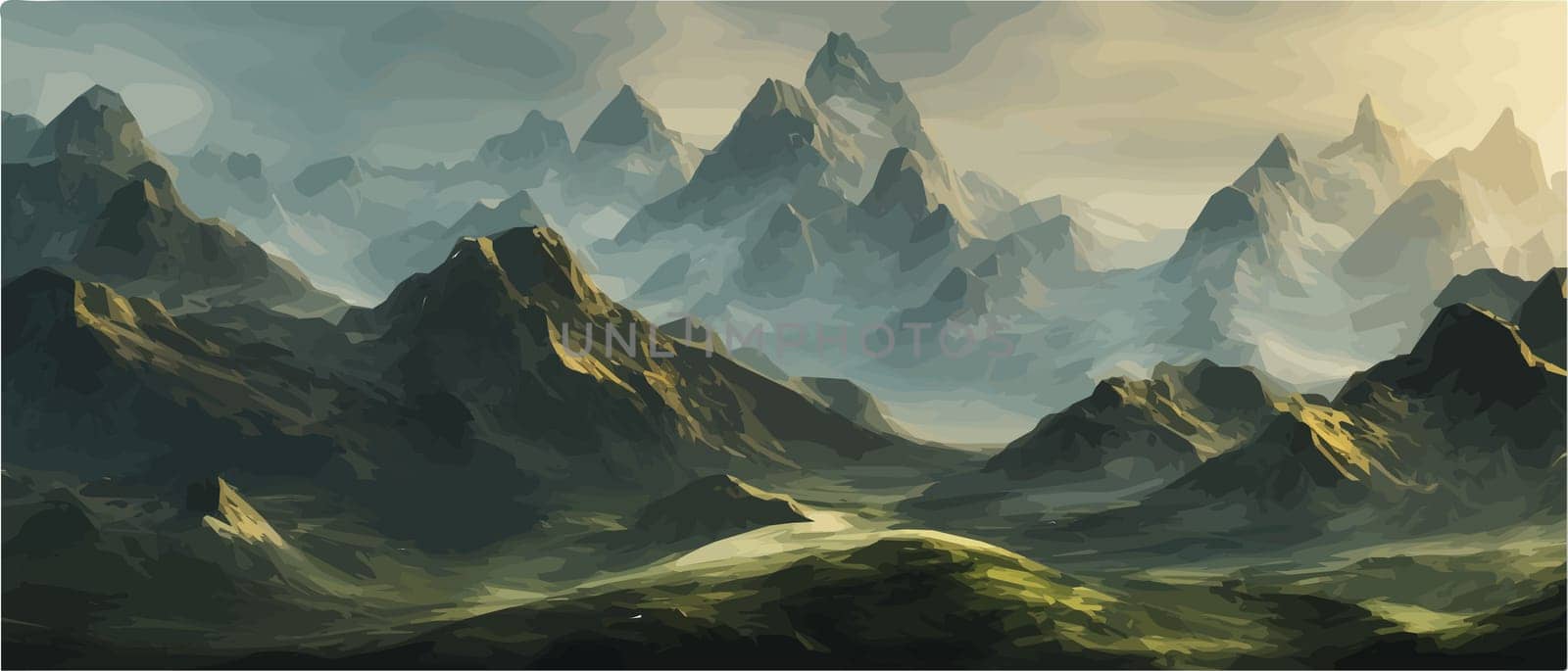 Fantasy epic magic mountain landscape. Mystical winter valley valley , Panoramic view of big mountains . Mountains by kasynets_olena