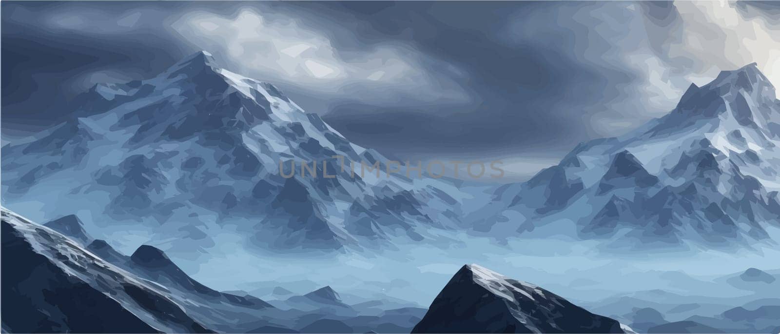 Fantasy epic magic mountain landscape. Mystical winter valley valley , Panoramic view of big mountains . Mountains landscape. Rural nature background. hills horizon