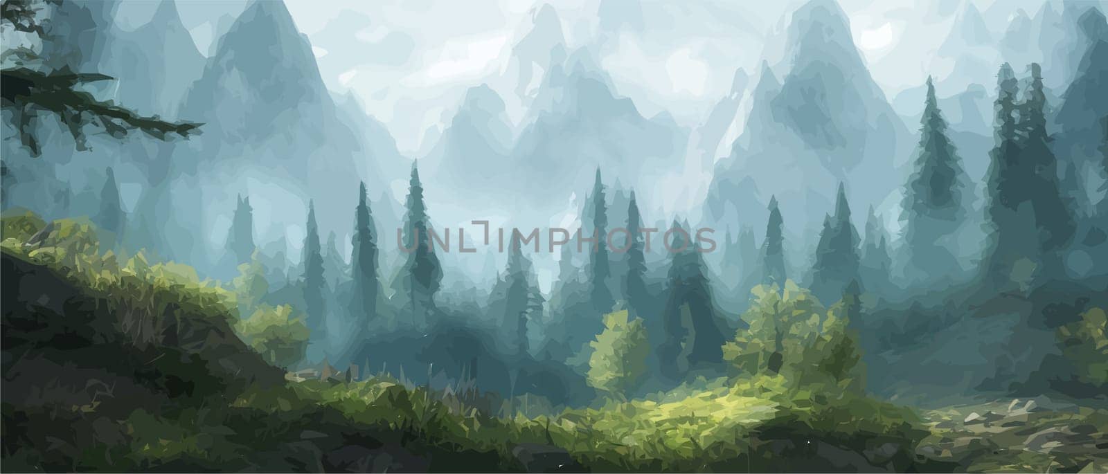 Fantasy epic magic mountain landscape. Mystical winter valley valley , Panoramic view of big mountains . Mountains landscape. Rural nature background. hills horizon