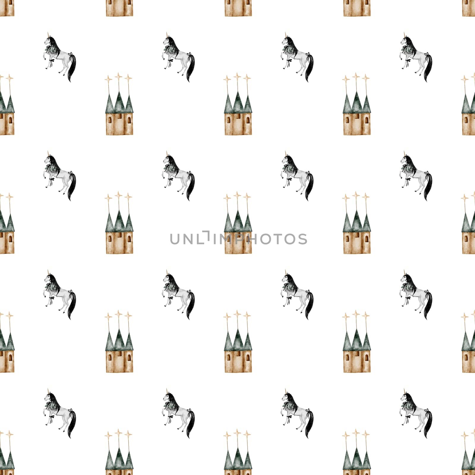 seamless hand drawn pattern with vintage unicorn and magic castle. Elegant pattern for printing on children's linens, pajamas, and packaging for children's clothing. Vintage unicorn in cartoon style on white background. High quality illustration
