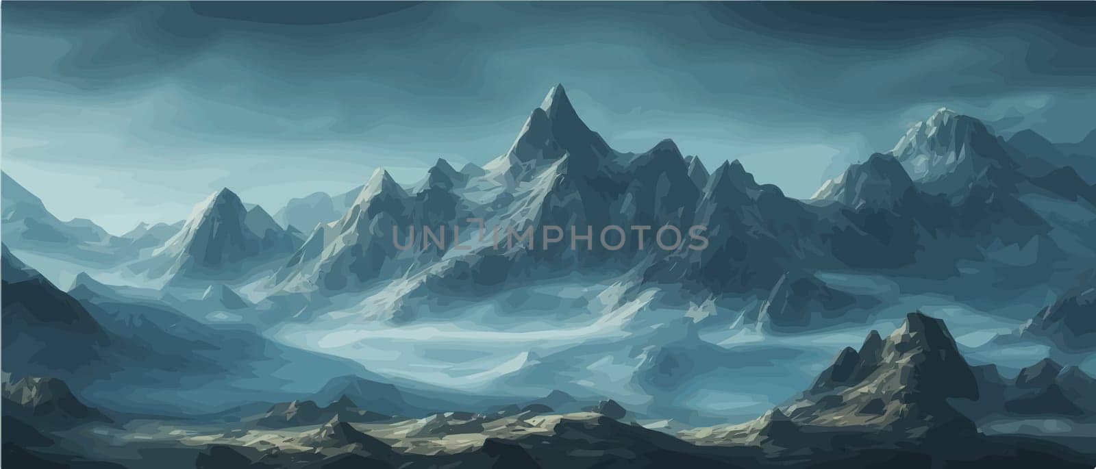 Fantasy epic magic mountain landscape. Mystical winter valley valley , Panoramic view of big mountains . Mountains landscape. Rural nature background. hills horizon