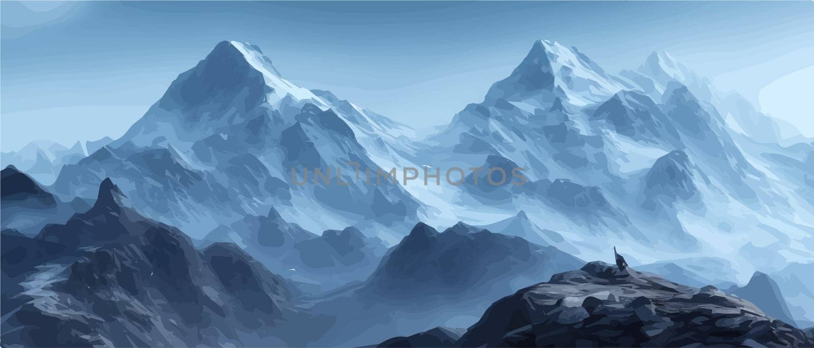 Fantasy epic magic mountain landscape. Mystical winter valley valley , Panoramic view of big mountains . Mountains landscape. Rural nature background. hills horizon