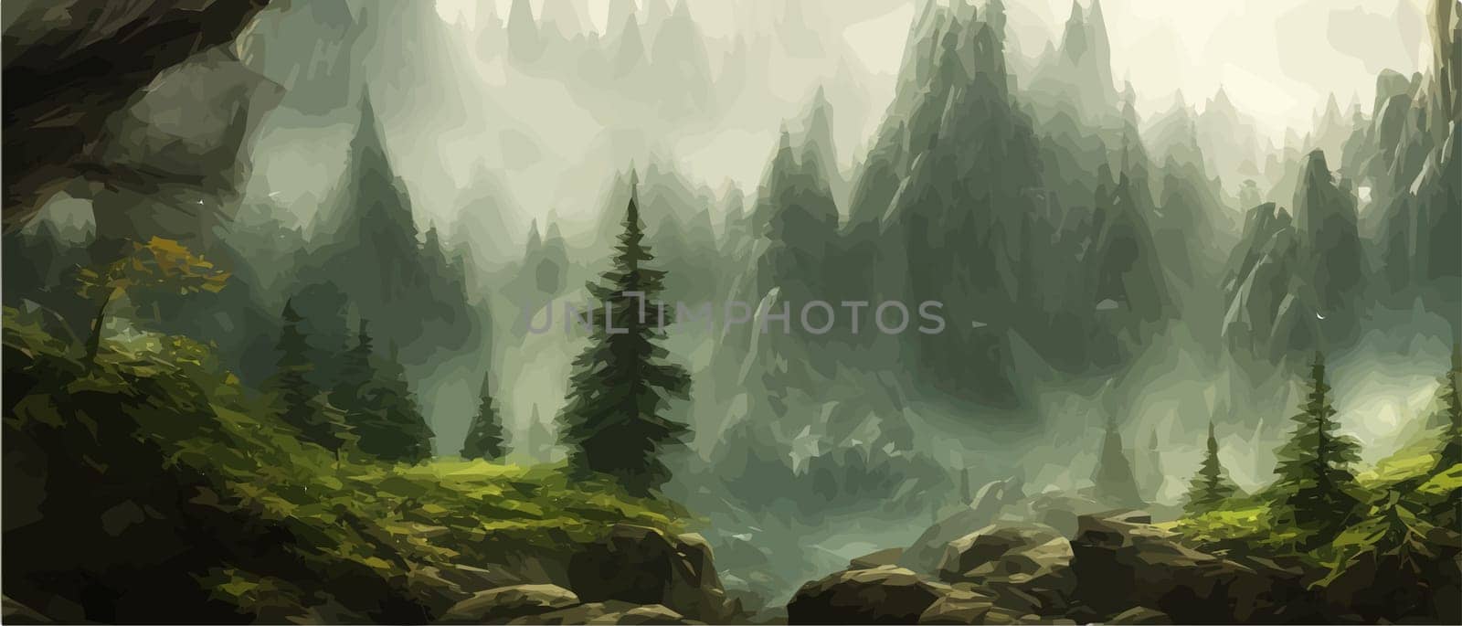 Fantasy epic magic mountain landscape. Mystical winter valley valley , Panoramic view of big mountains . Mountains landscape. Rural nature background. hills horizon