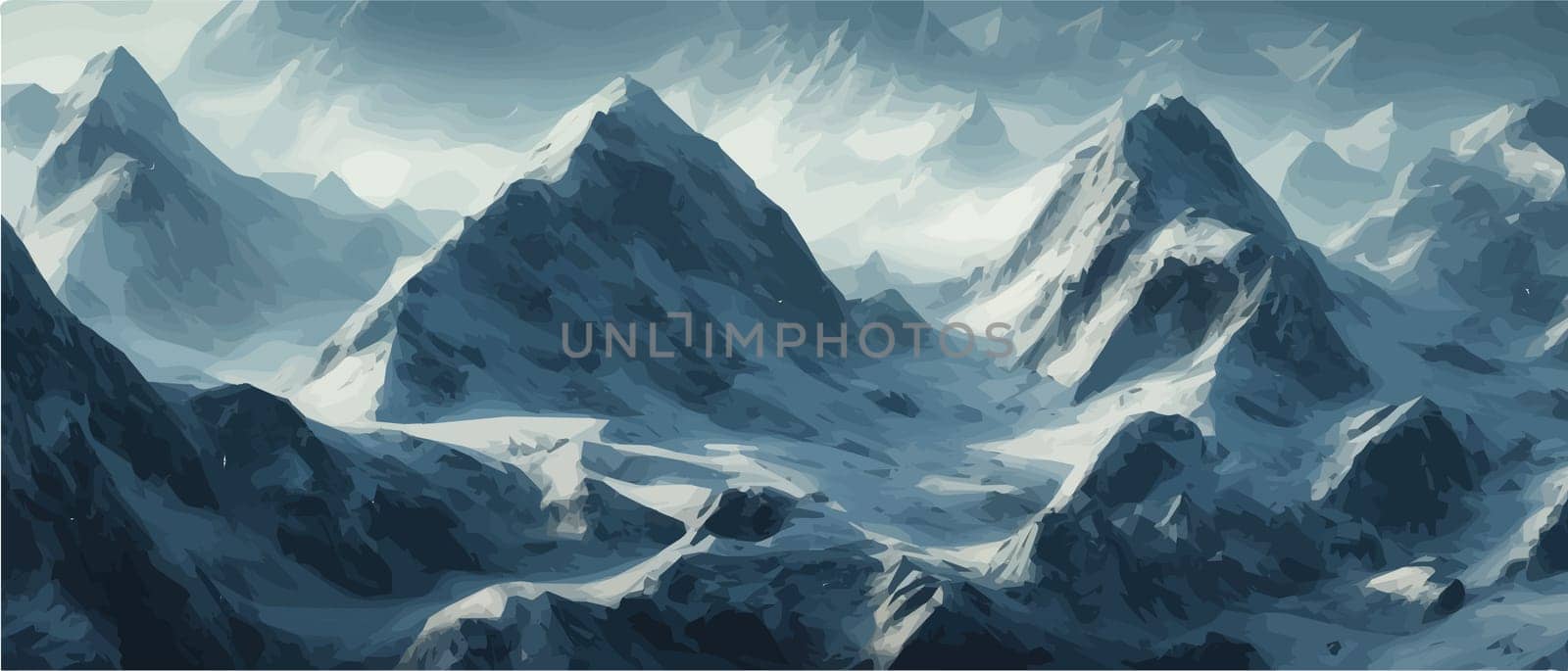 Fantasy epic magic mountain landscape. Mystical winter valley valley , Panoramic view of big mountains . Mountains landscape. Rural nature background. hills horizon