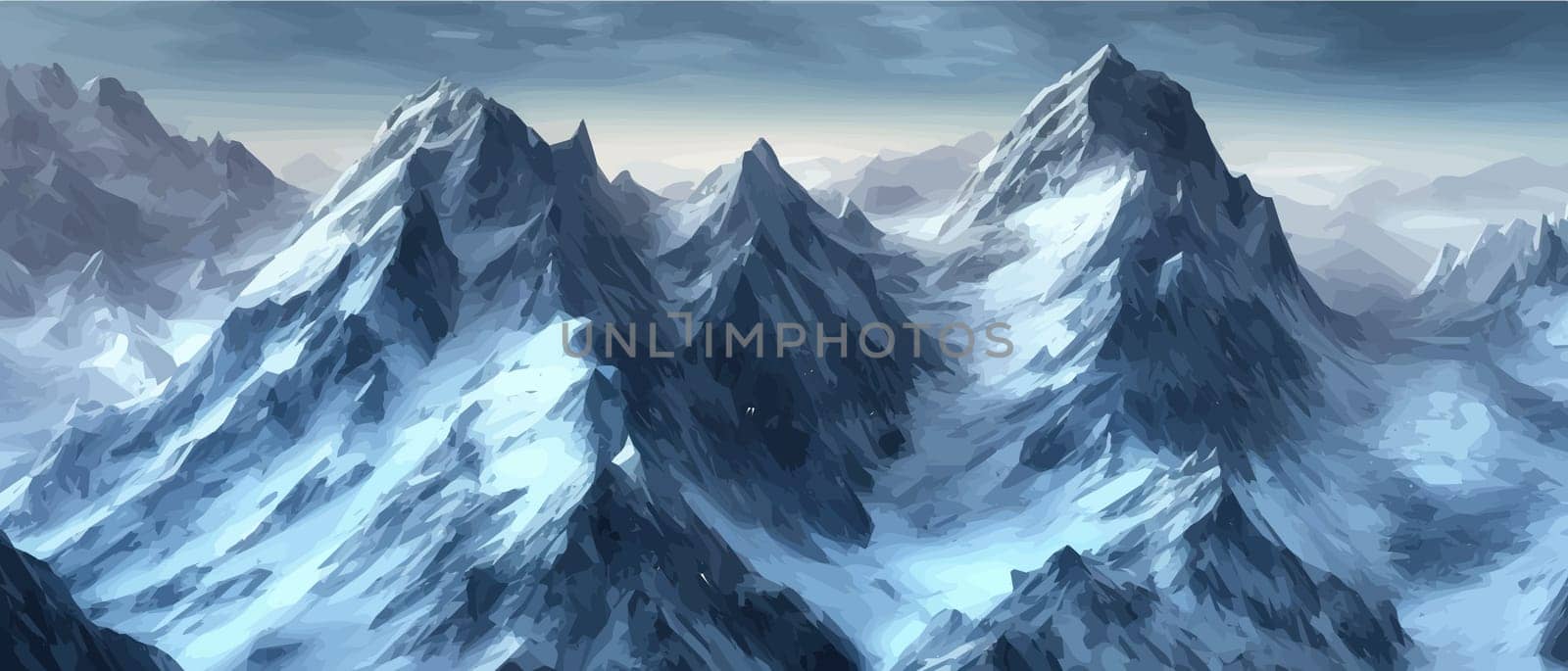 Fantasy epic magic mountain landscape. Mystical winter valley valley , Panoramic view of big mountains . Mountains landscape. Rural nature background. hills horizon