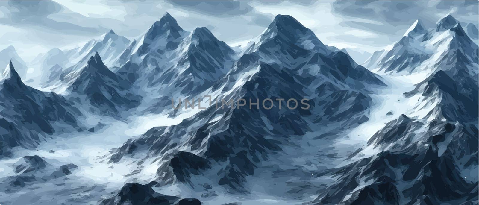 Fantasy epic magic mountain landscape. Mystical winter valley valley , Panoramic view of big mountains . Mountains landscape. Rural nature background. hills horizon