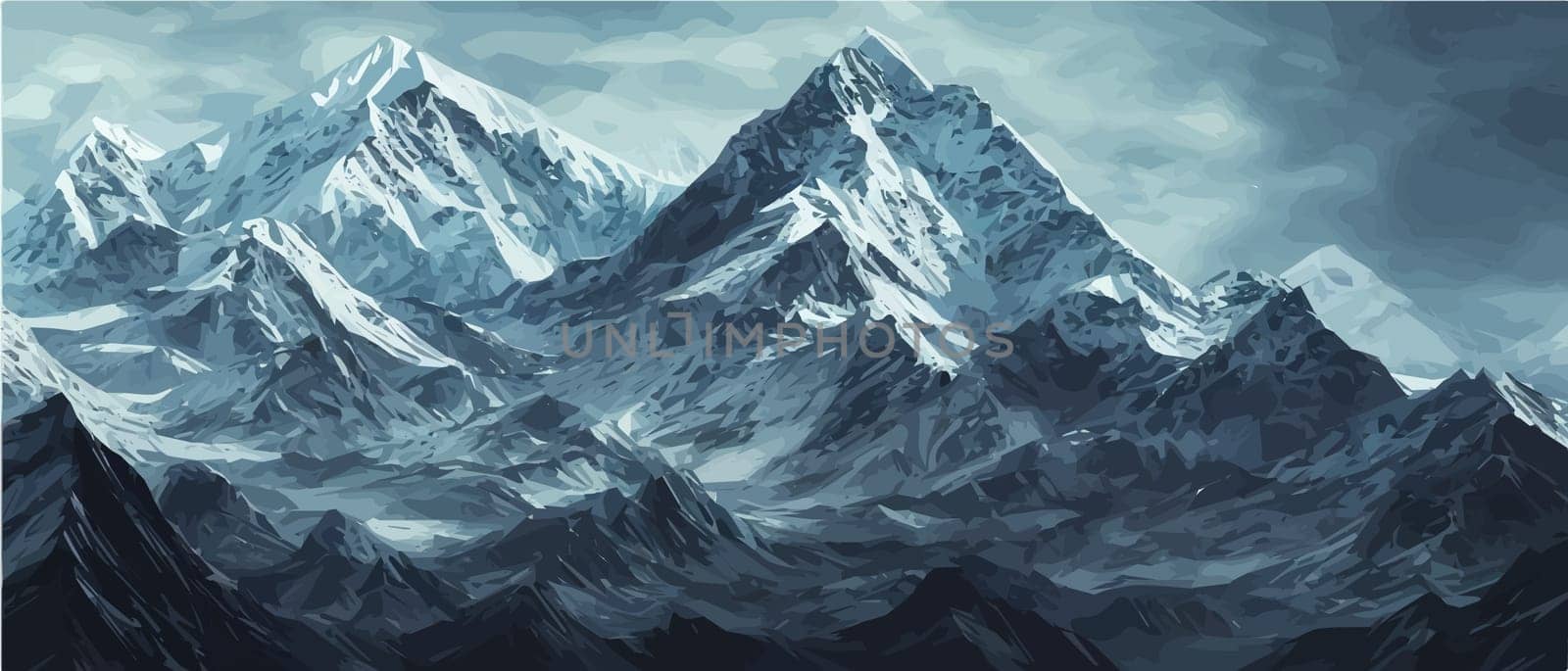 Fantasy epic magic mountain landscape. Mystical winter valley valley , Panoramic view of big mountains . Mountains landscape. Rural nature background. hills horizon