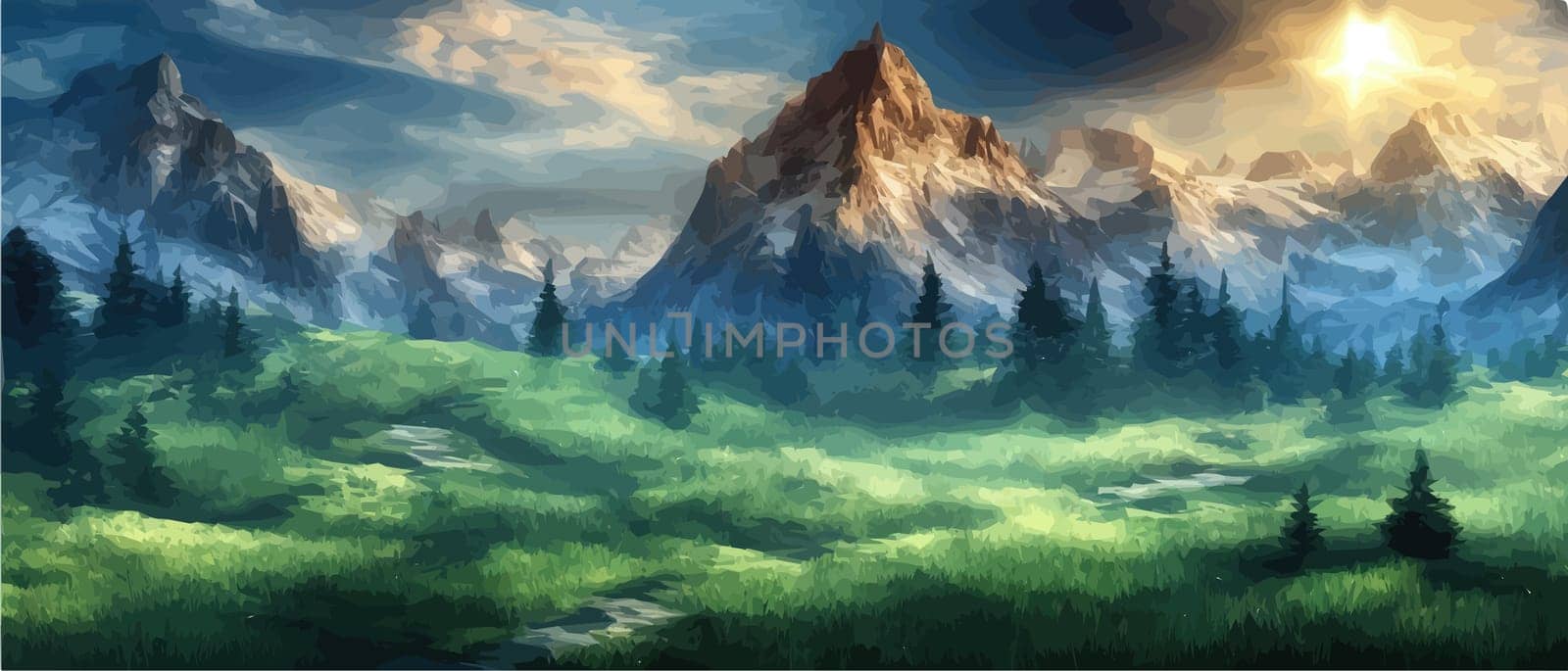 Fantasy epic magic mountain landscape. Mystical winter valley valley , Panoramic view of big mountains . Mountains by kasynets_olena