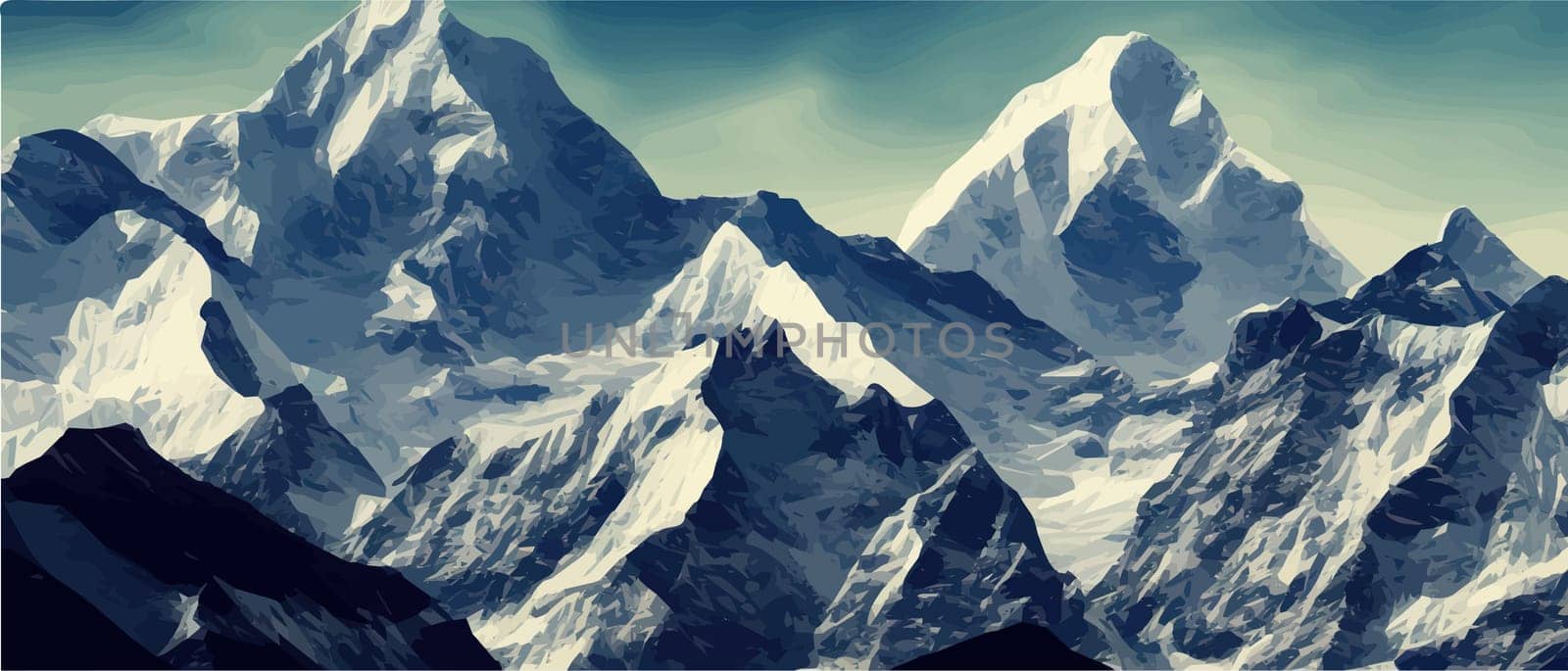 Fantasy epic magic mountain landscape. Mystical winter valley valley , Panoramic view of big mountains . Mountains landscape. Rural nature background. hills horizon