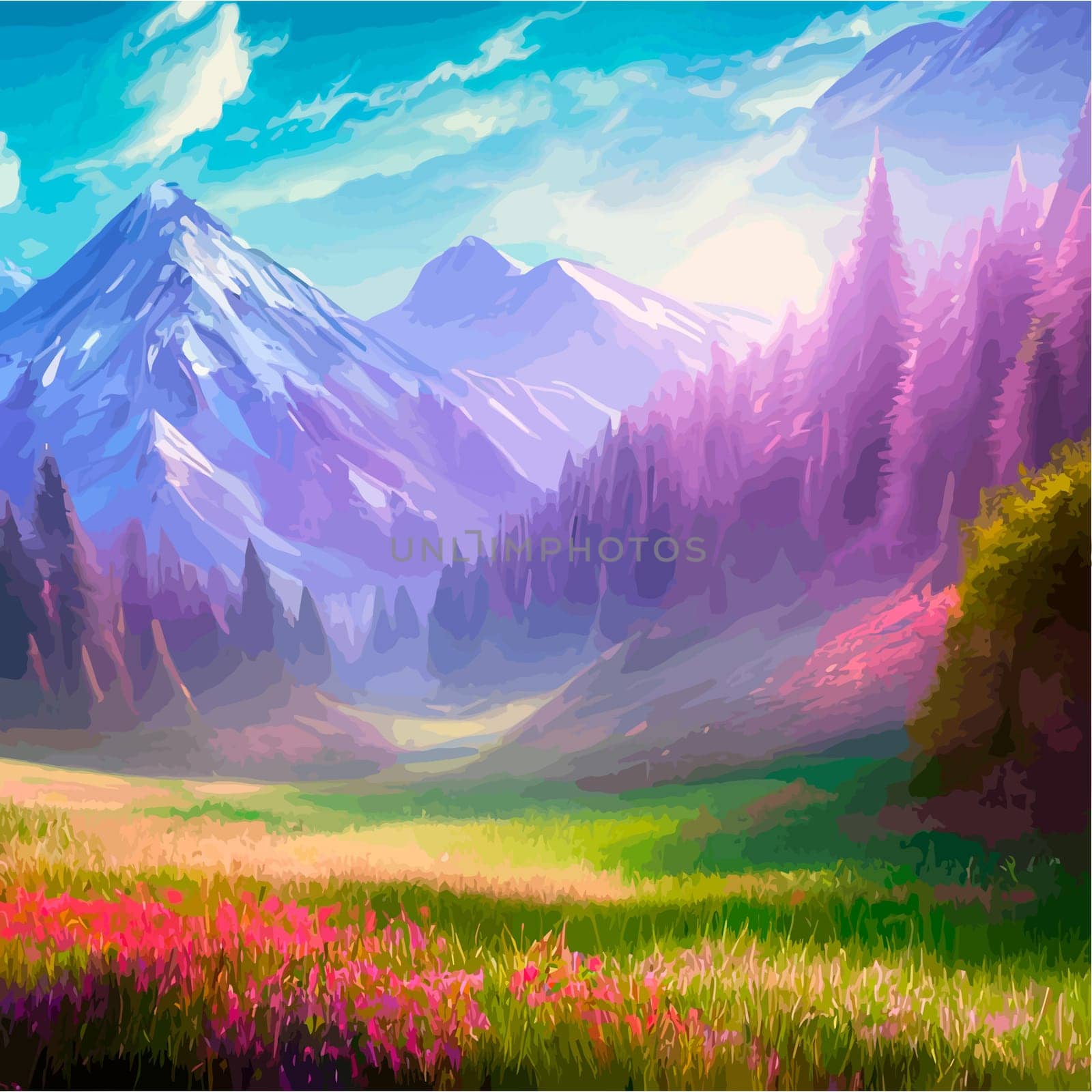 Spring landscape in village with green field and sunset, flat cartoon countryside with mountain and forest, blue sky, natural scene in countryside, sunny day summer