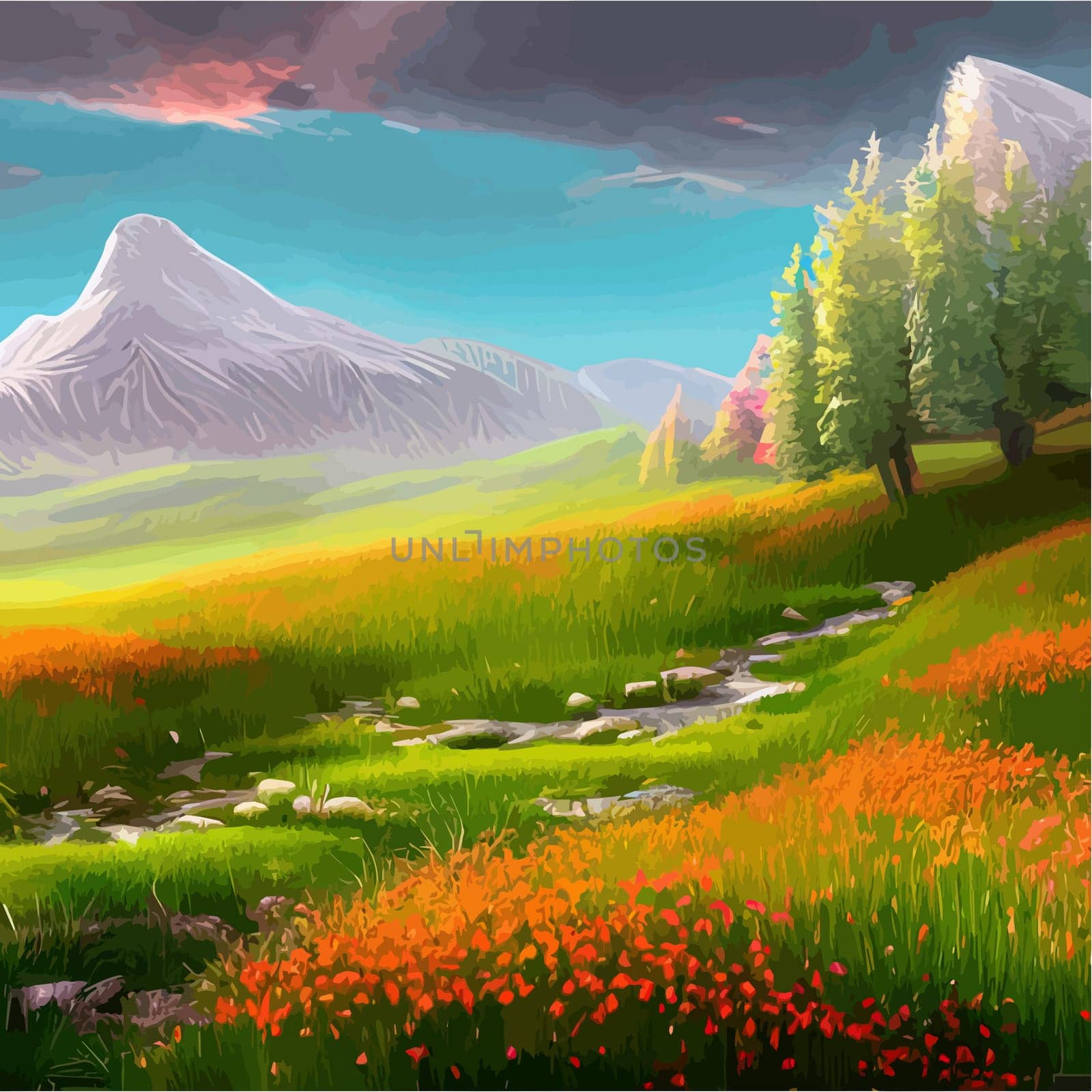 Spring landscape in village with green field and sunset, flat cartoon countryside with mountain and forest, blue sky, natural scene in countryside, sunny day summer