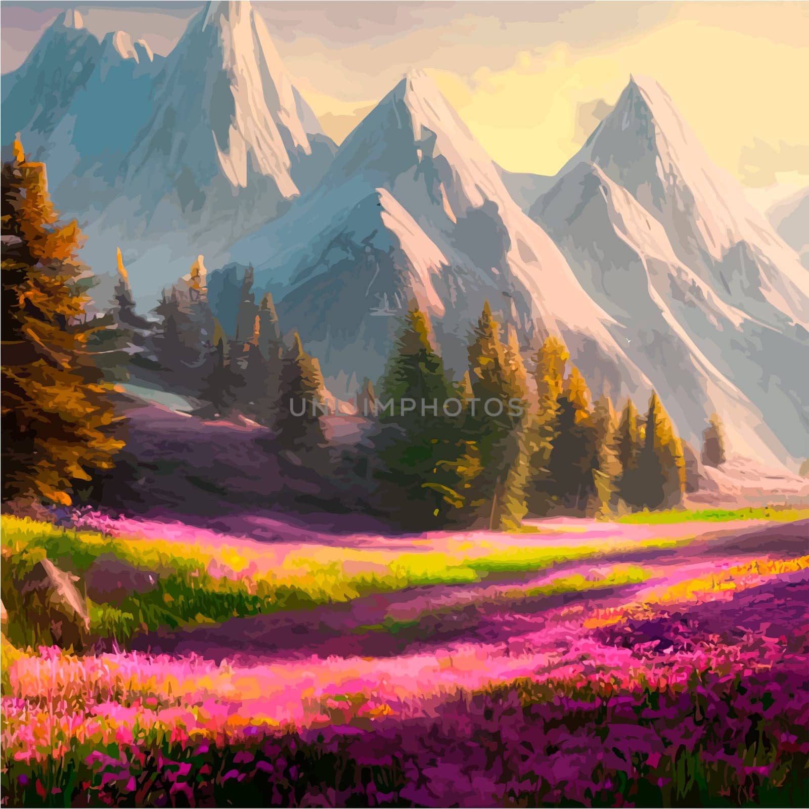 Spring landscape in village with green field and sunset, flat cartoon countryside with mountain and forest, blue sky, natural scene in countryside, sunny day summer