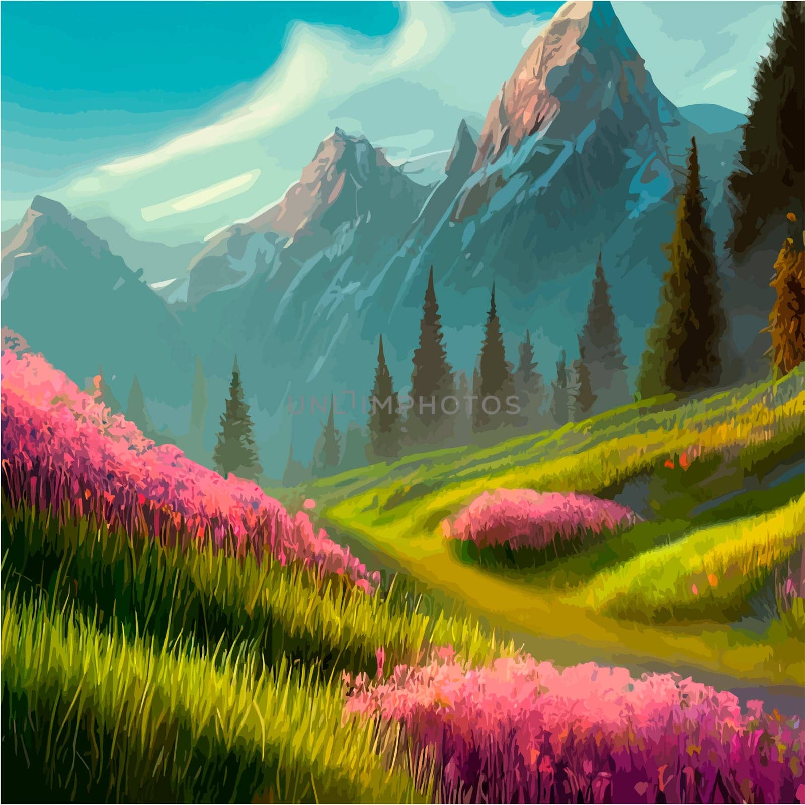 Spring landscape in village with green field and sunset, flat cartoon countryside with mountain and forest, blue sky, natural scene in countryside, sunny day summer. by kasynets_olena