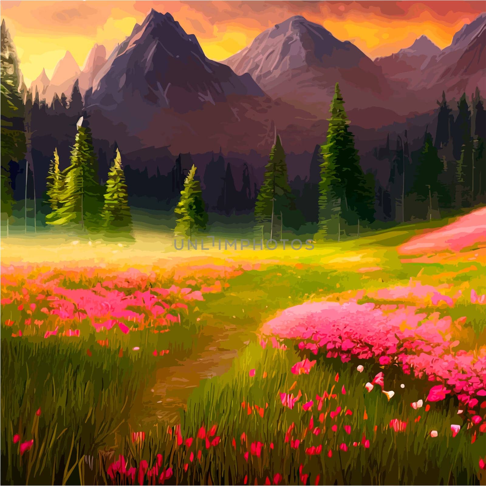 Spring landscape in village with green field and sunset, flat cartoon countryside with mountain and forest, blue sky, natural scene in countryside, sunny day summer