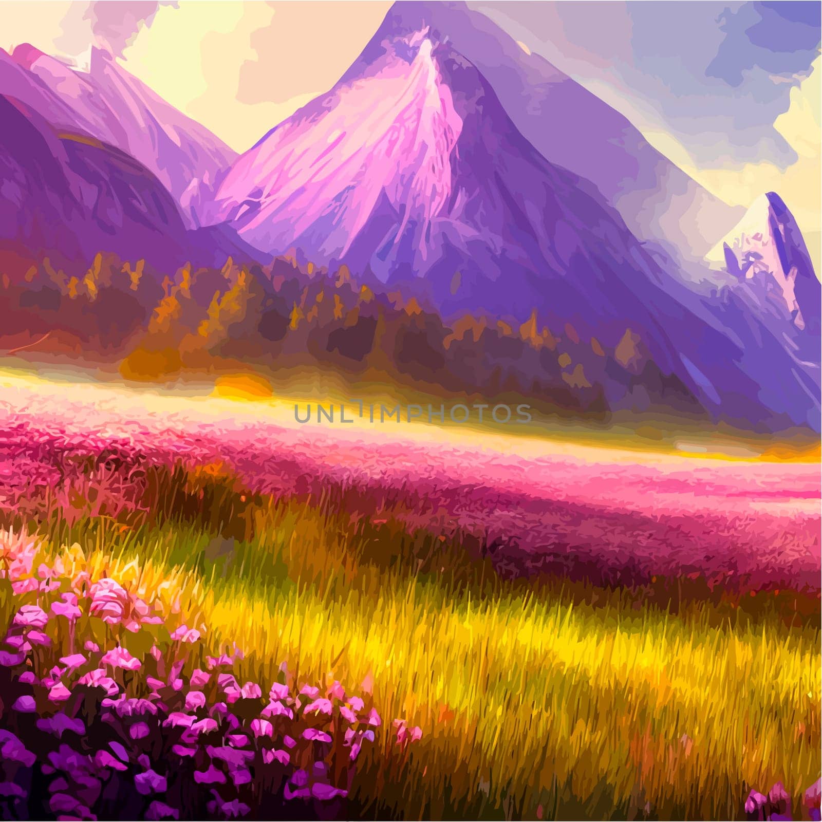 Spring landscape in village with green field and sunset, flat cartoon countryside with mountain and forest, blue sky, natural scene in countryside, sunny day summer