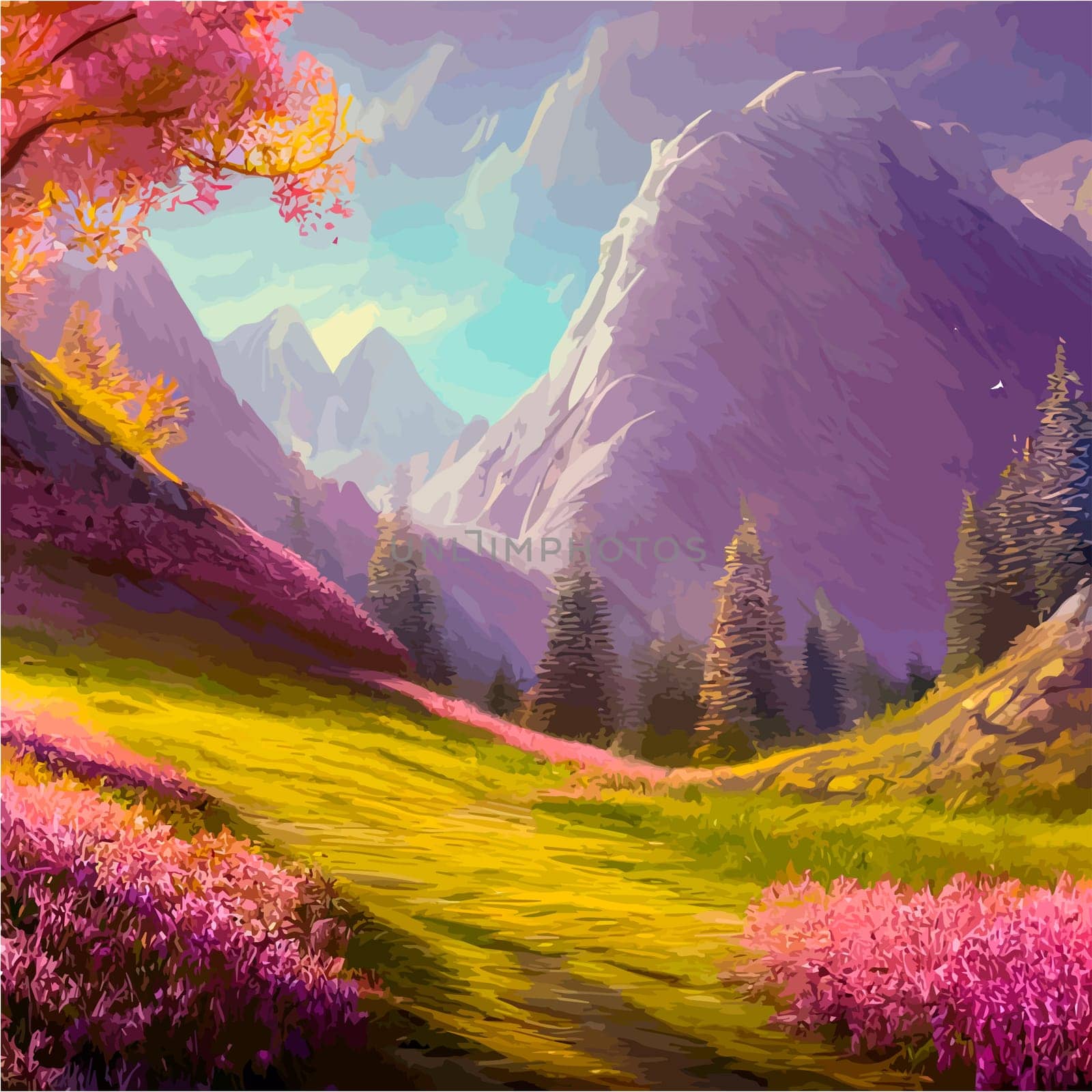 Spring landscape in village with green field and sunset, flat cartoon countryside with mountain and forest, blue sky, natural scene in countryside, sunny day summer