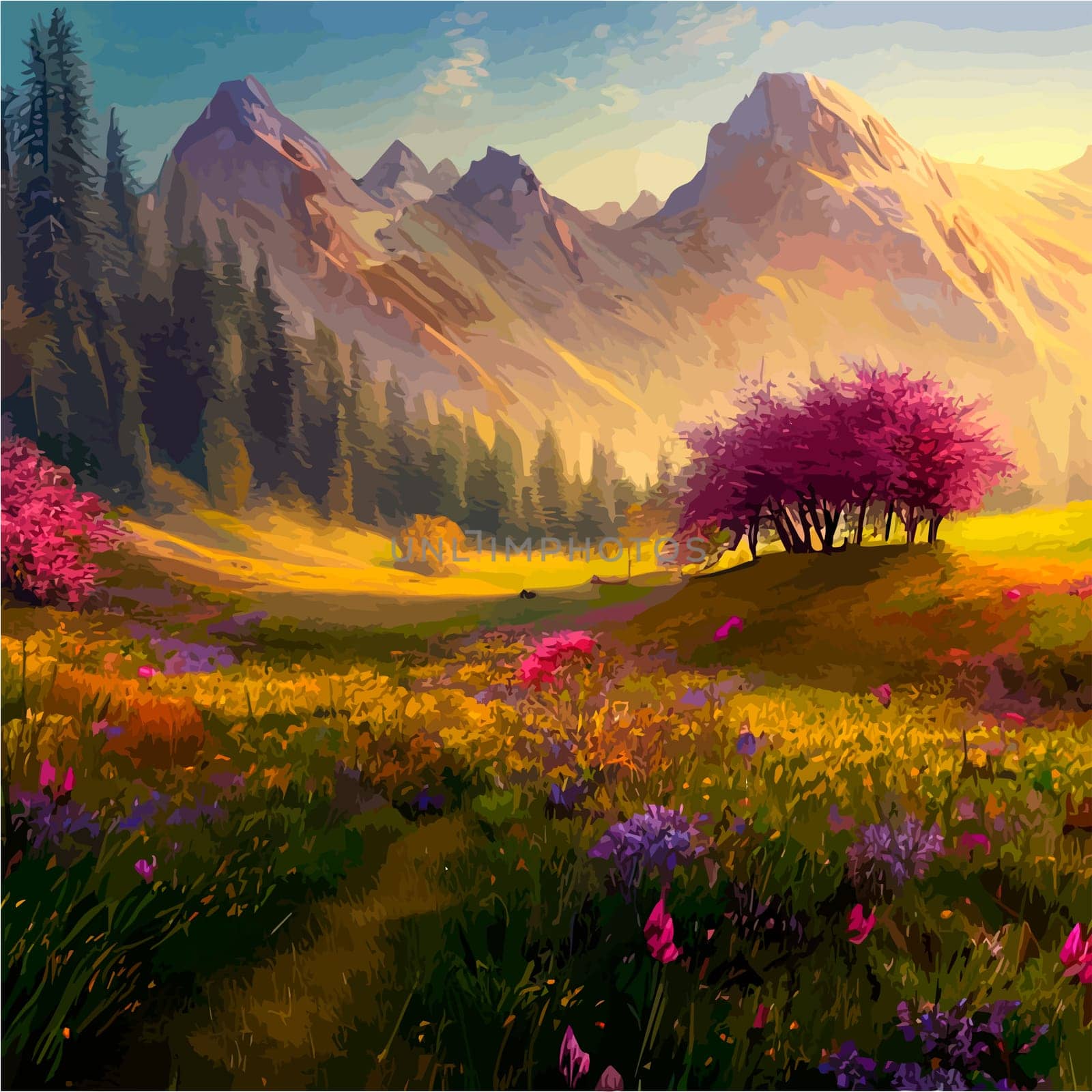 Spring landscape in village with green field and sunset, flat cartoon countryside with mountain and forest, blue sky, natural scene in countryside, sunny day summer