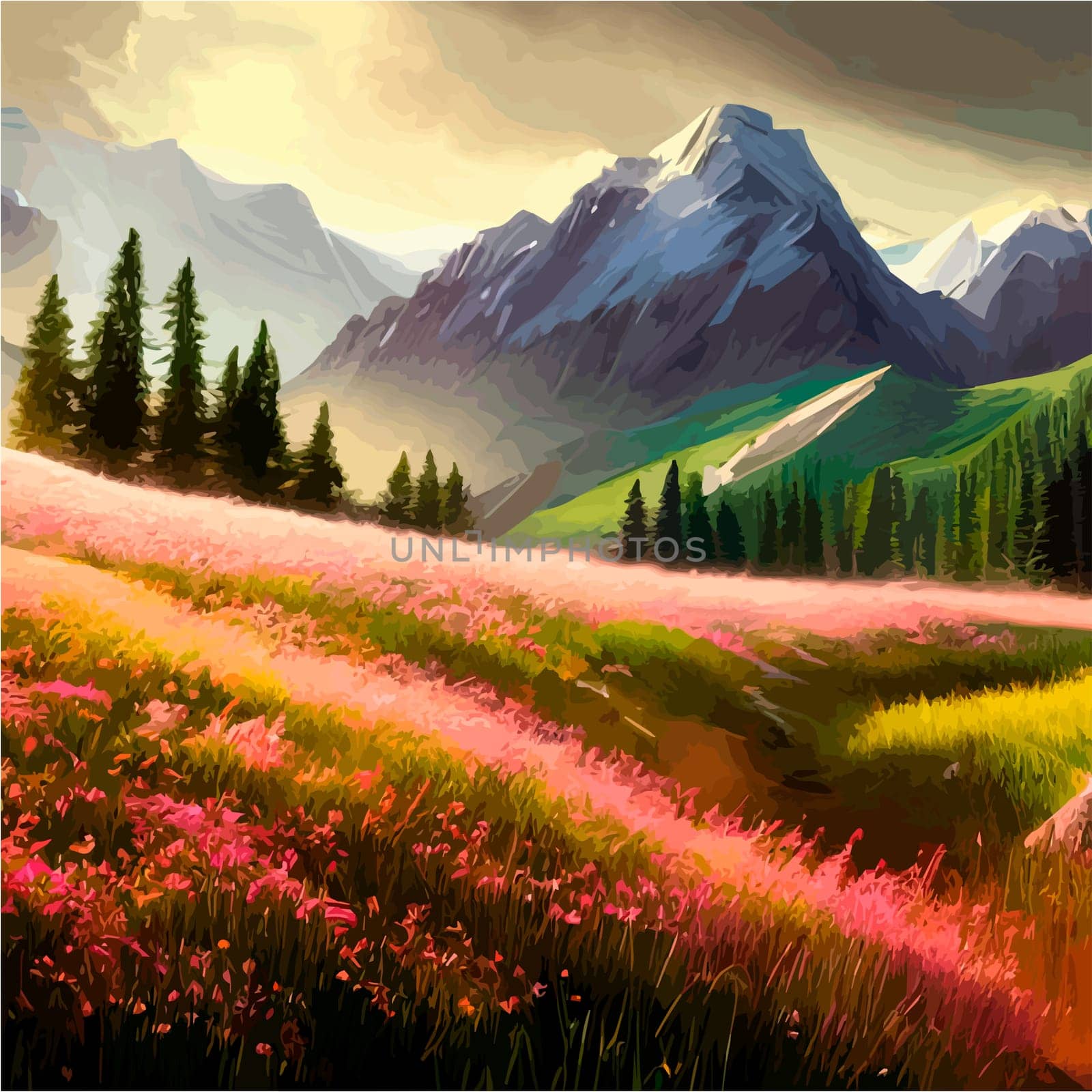 Spring landscape in village with green field and sunset, flat cartoon countryside with mountain and forest, blue sky, natural scene in countryside, sunny day summer