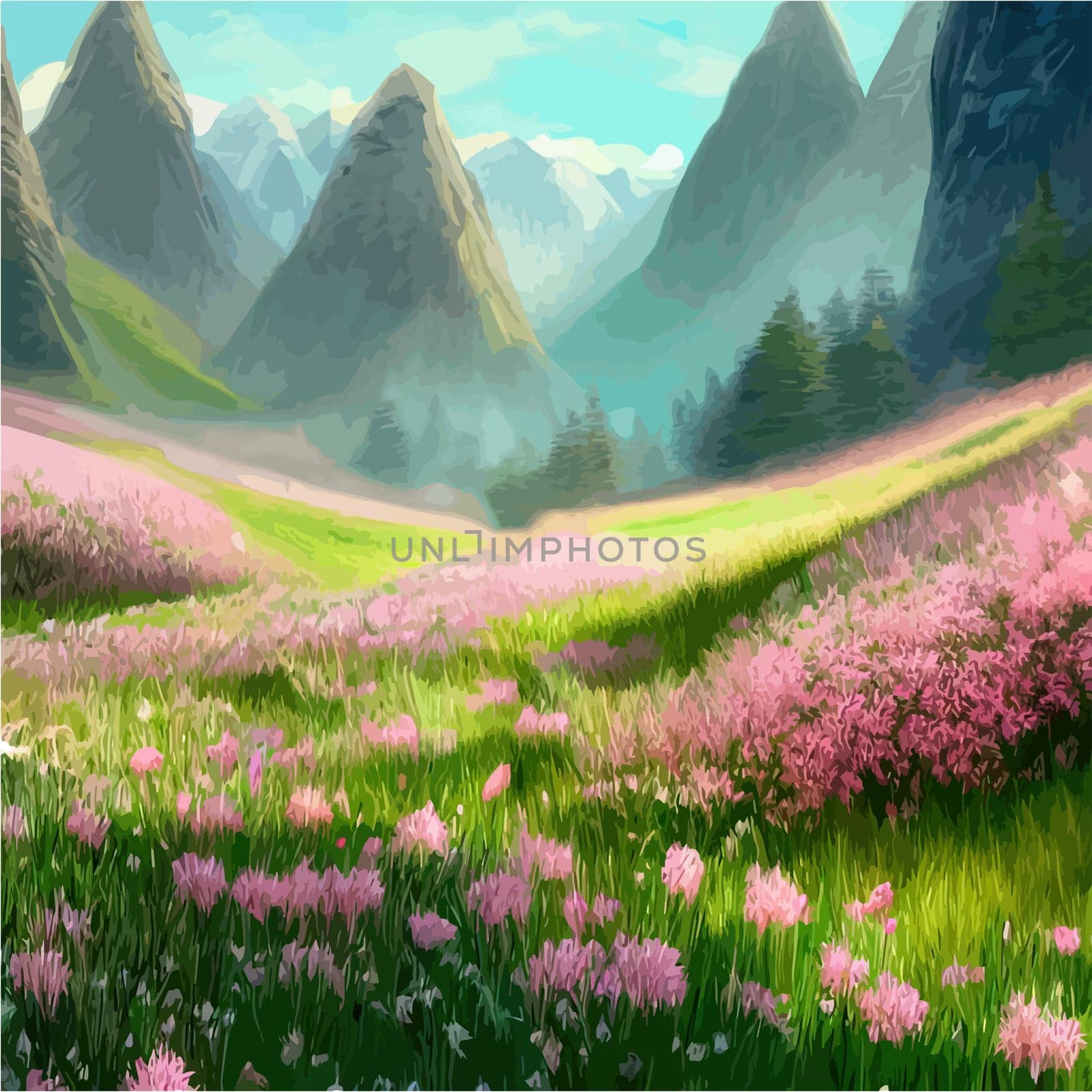 Spring landscape in village with green field and sunset, flat cartoon countryside with mountain and forest, blue sky, natural scene in countryside, sunny day summer