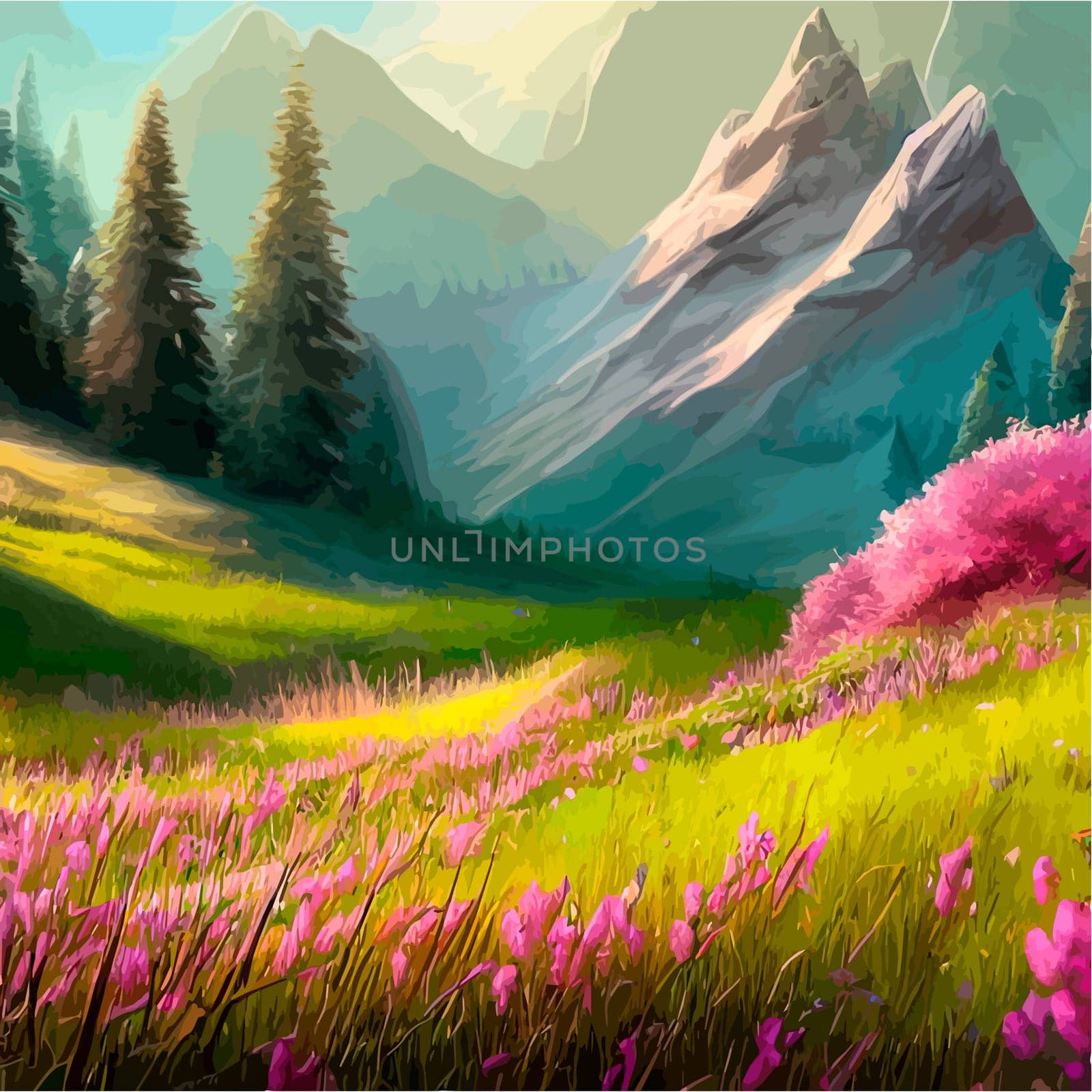 Spring landscape in village with green field and sunset, flat cartoon countryside with mountain and forest, blue sky, natural scene in countryside, sunny day summer. by kasynets_olena