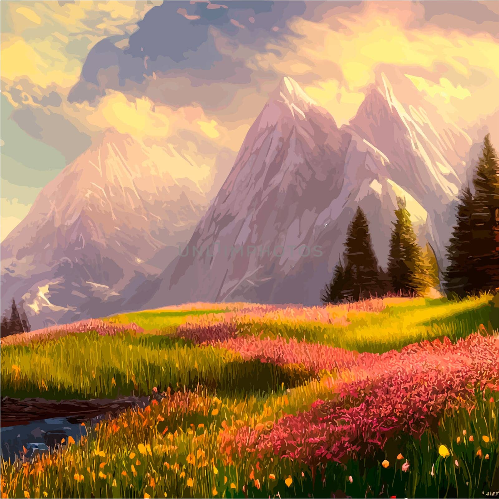 Spring landscape in village with green field and sunset, flat cartoon countryside with mountain and forest, blue sky, natural scene in countryside, sunny day summer