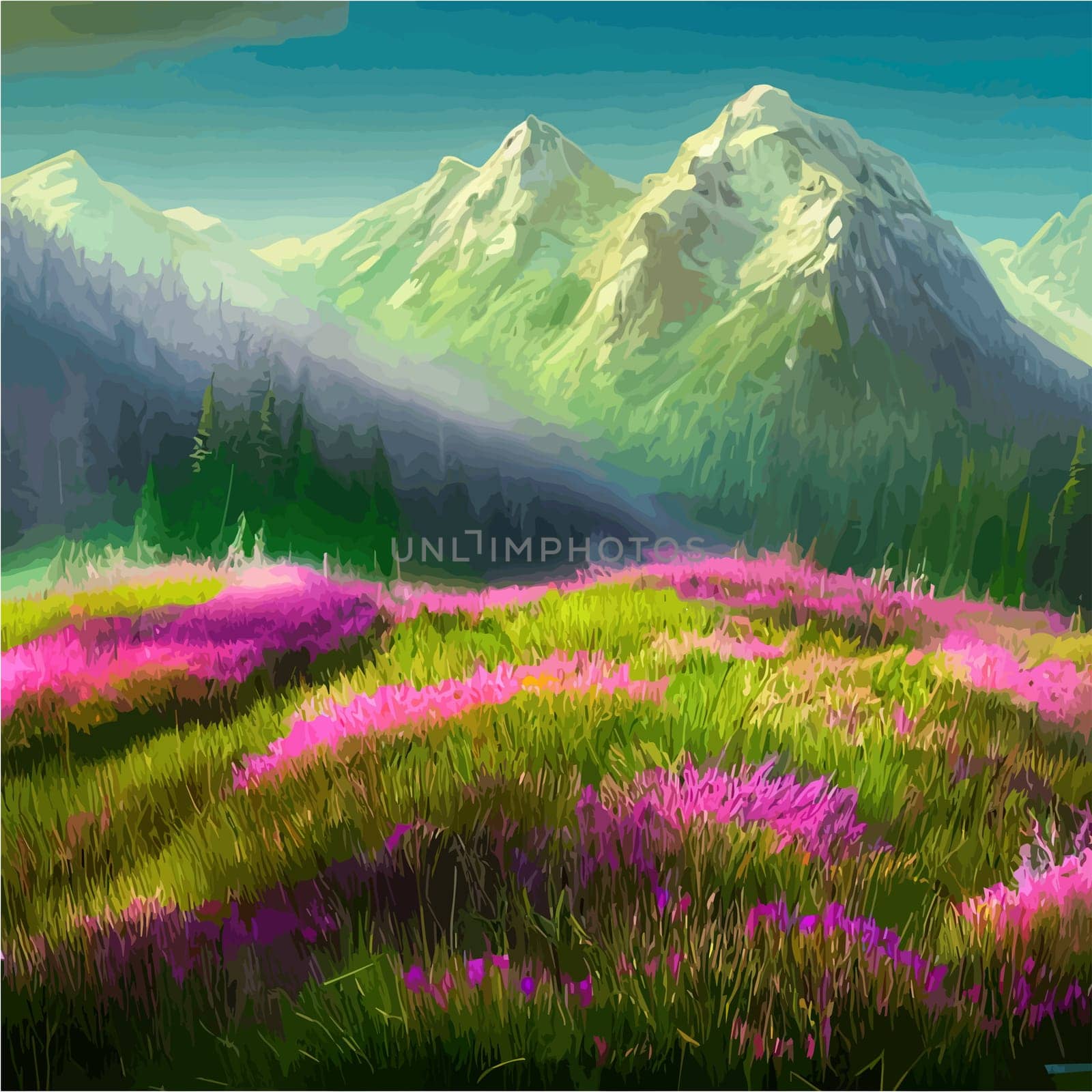 Spring landscape in village with green field and sunset, flat cartoon countryside with mountain and forest, blue sky, natural scene in countryside, sunny day summer