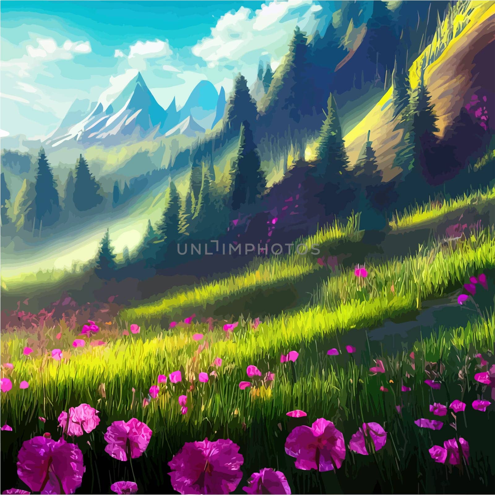 Spring landscape in village with green field and sunset, flat cartoon countryside with mountain and forest, blue sky, natural scene in countryside, sunny day summer. by kasynets_olena