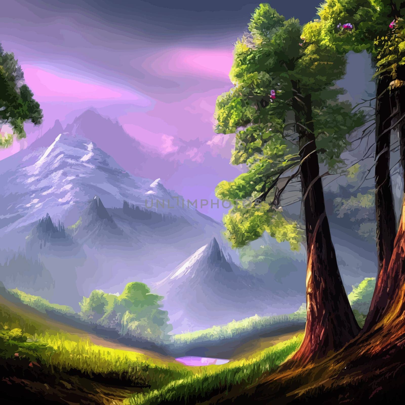 Nature and landscape. illustration trees, forests, mountains, plants. Image for background, card or cover by kasynets_olena