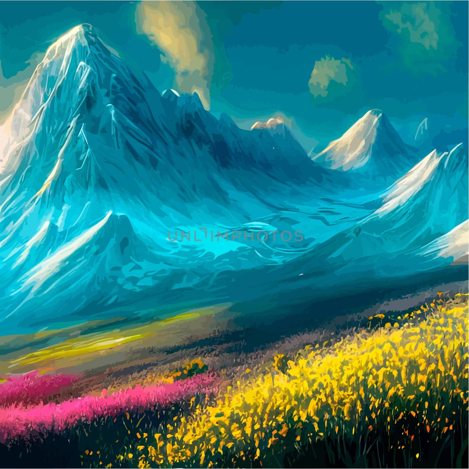 Spring landscape in village with green field and sunset, flat cartoon countryside with mountain and forest, blue sky, natural scene in countryside, sunny day summer