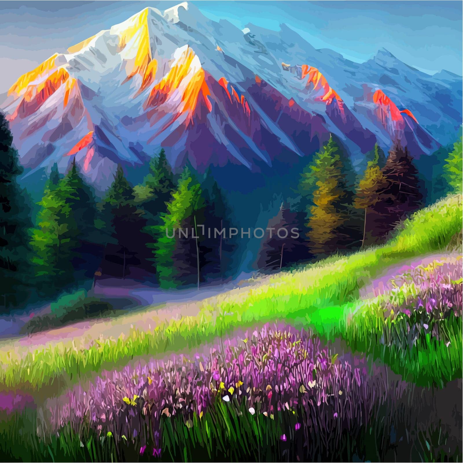 Spring landscape in village with green field and sunset, flat cartoon countryside with mountain and forest, blue sky, natural scene in countryside, sunny day summer