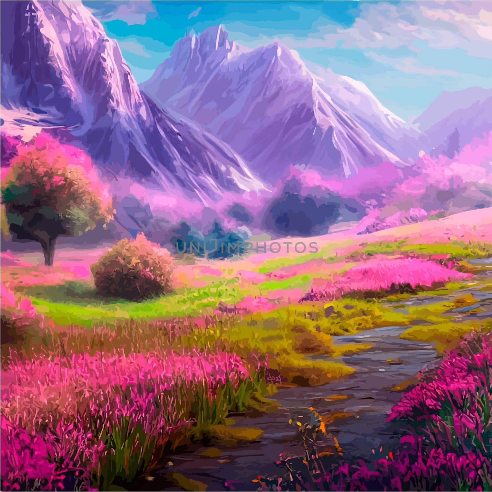 Spring landscape in village with green field and sunset, flat cartoon countryside with mountain and forest, blue sky, natural scene in countryside, sunny day summer