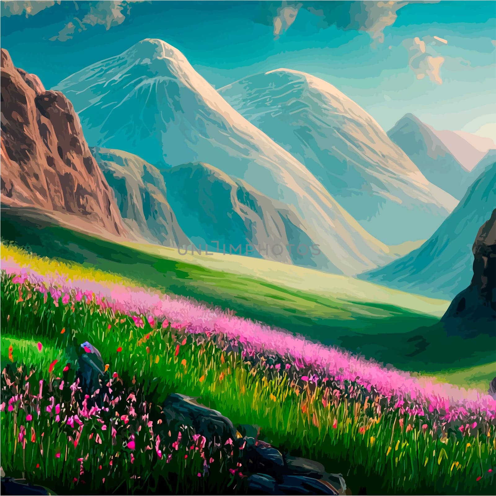 Spring landscape in village with green field and sunset, flat cartoon countryside with mountain and forest, blue sky, natural scene in countryside, sunny day summer. by kasynets_olena