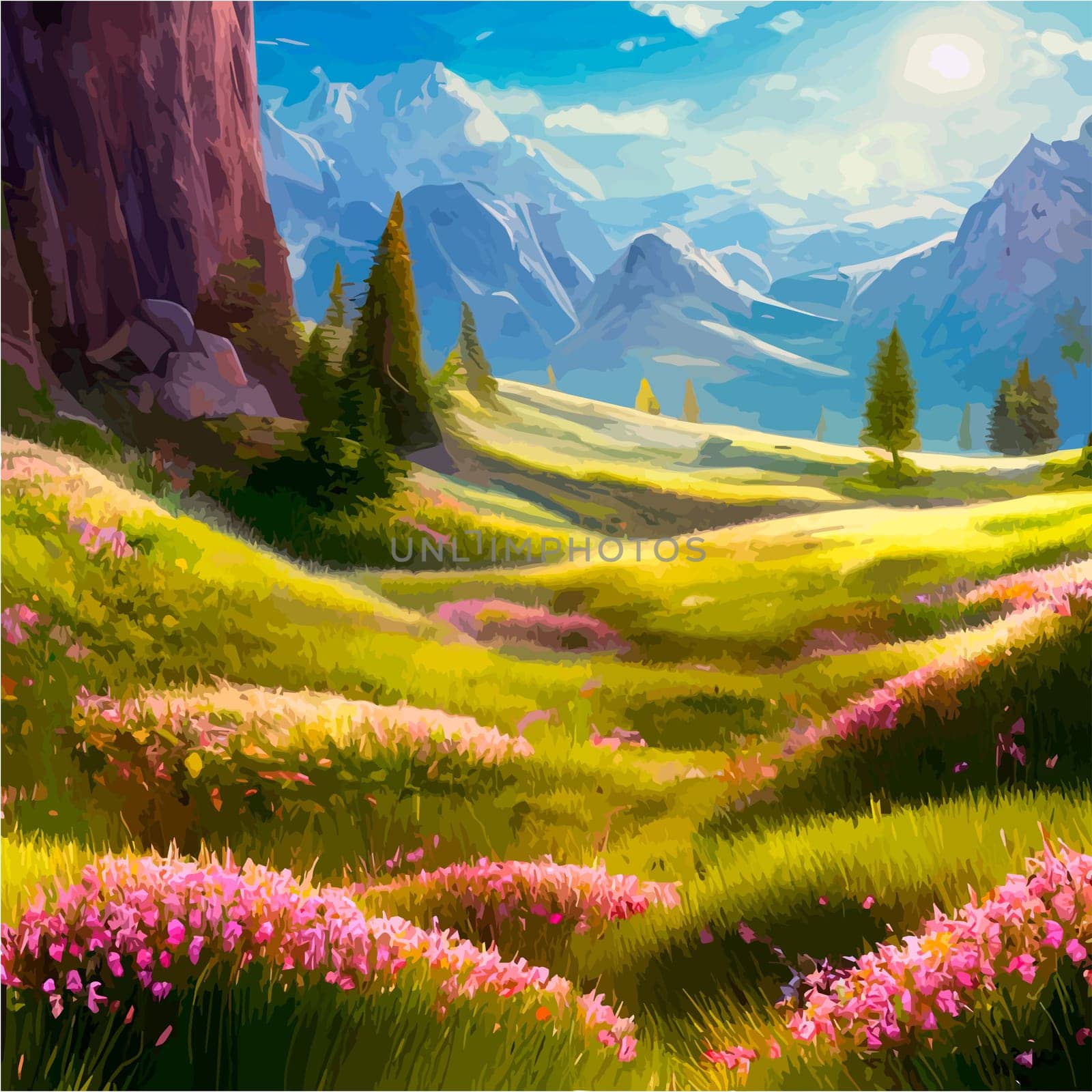 Spring landscape in village with green field and sunset, flat cartoon countryside with mountain and forest, blue sky, natural scene in countryside, sunny day summer